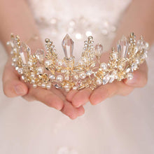 Load image into Gallery viewer, Bead Leaf Rhinestones and Crystal Pale Gold Tiara Crown