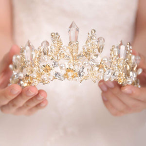 Bead Leaf Rhinestones and Crystal Pale Gold Tiara Crown