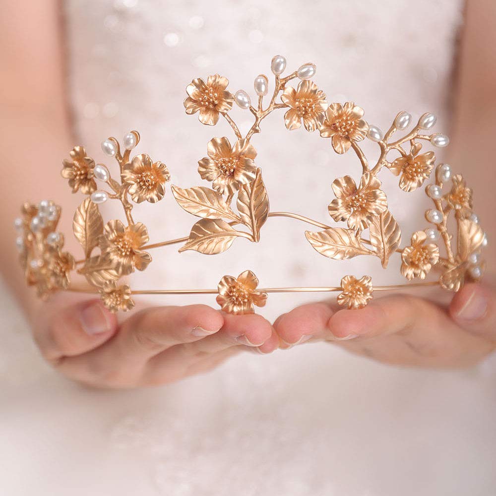Pale Gold Flower Leaf Bead Crystal Tiara Crown