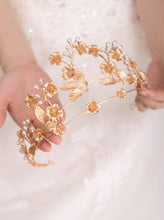 Load image into Gallery viewer, Pale Gold Flower Leaf Bead Crystal Tiara Crown