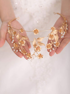 Pale Gold Flower Leaf Bead Crystal Tiara Crown
