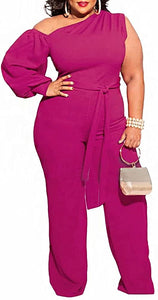 Vodacious Rose Pink One Shoulder Zipper Belted Plus Size Jumpsuit