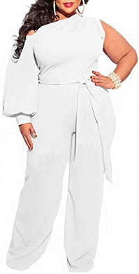 Vodacious White One Shoulder Zipper Belted Plus Size Jumpsuit
