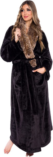 Luxury Black Faux Fur Shawl Collar Long Women's Robe