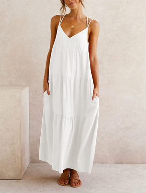Casual V-Neck Backless Cami White Maxi Dress