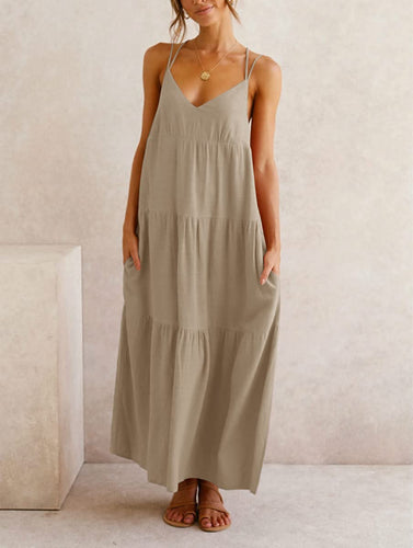 Casual V-Neck Backless Cami Khaki Maxi Dress