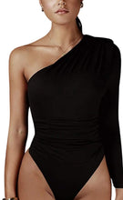 Load image into Gallery viewer, Pleated Slim Black One Shoulder Long Sleeve Bodysuit