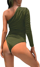 Load image into Gallery viewer, Pleated Slim Army Green One Shoulder Long Sleeve Bodysuit