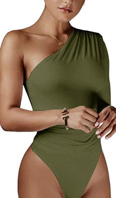 Pleated Slim Army Green One Shoulder Long Sleeve Bodysuit