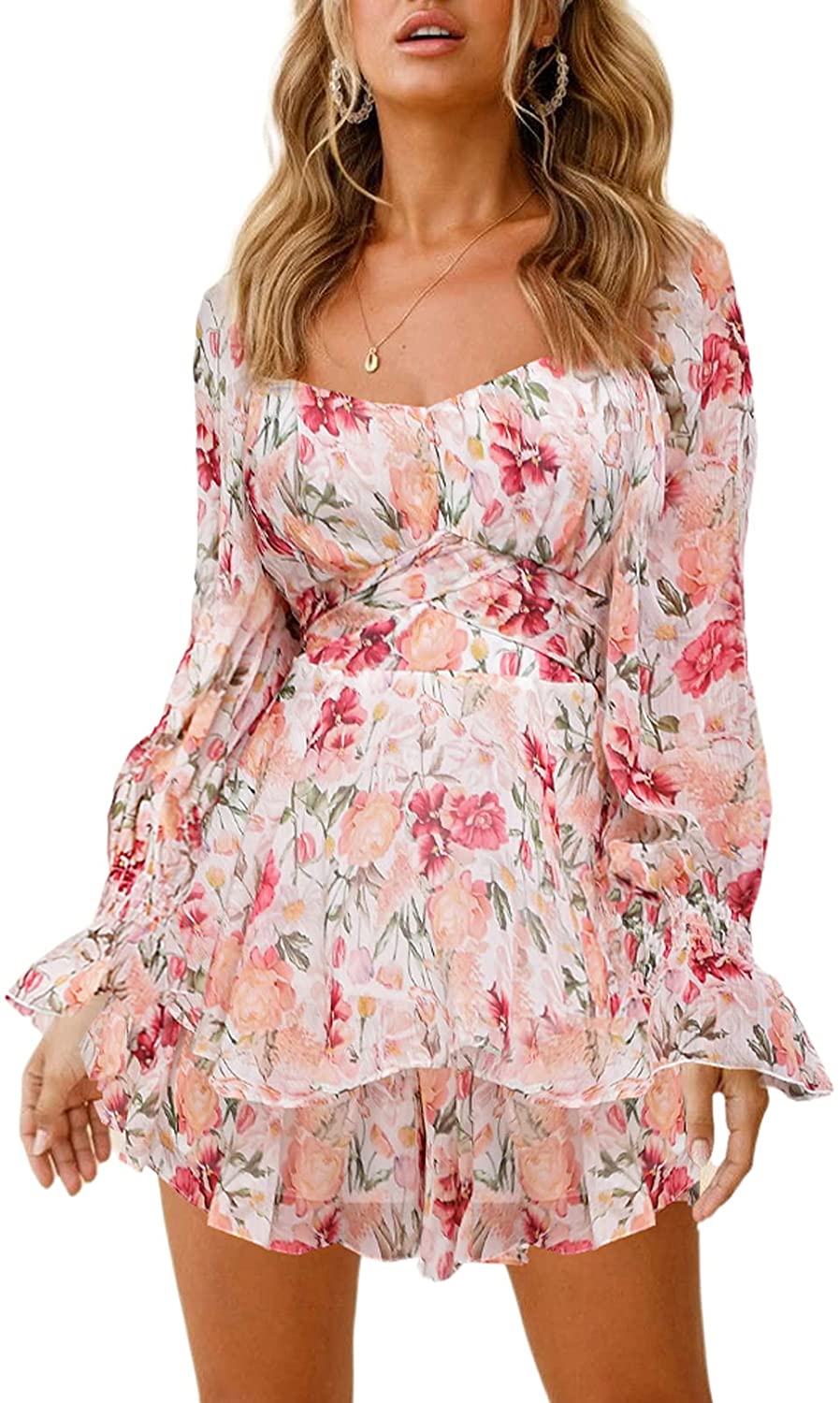 Pink Floral Long Sleeve Ruffle Chiffon Short Jumpsuit