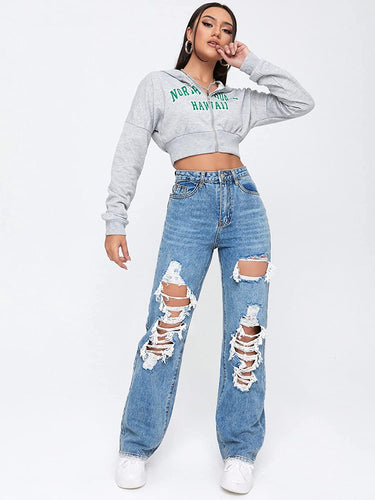 Distressed Deep Blue Women's High Waist Ripped Jeans