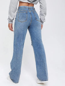 Distressed Deep Blue Women's High Waist Ripped Jeans