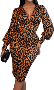 Brown Leopard Print V-Neck Lantern Sleeve Bodycon Dress