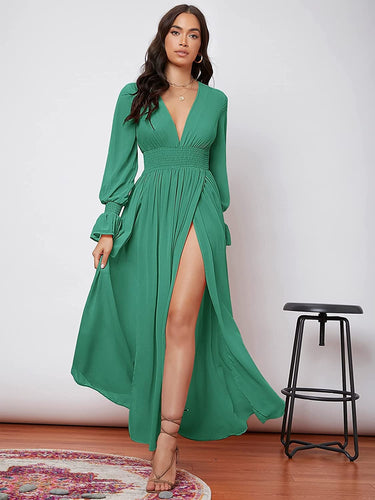 Wrap Front Green Long Sleeve Split Thigh A Line Maxi Dress