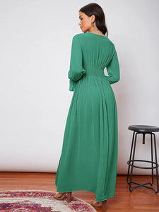 Wrap Front Green Long Sleeve Split Thigh A Line Maxi Dress