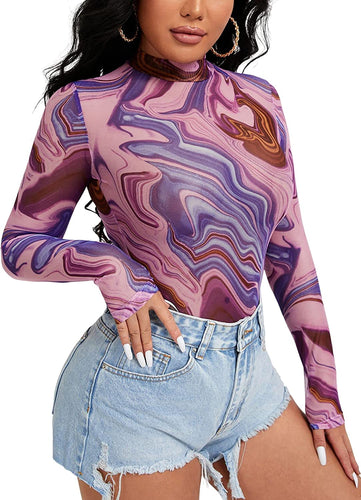 Purple Mesh Long Sleeve Stretch Bodysuit