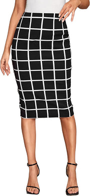 High Waist Black Tartan Plaid Knee Length Bodycon Pencil Skirt