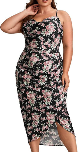 Floral Black Plus Size Satin Spaghetti Strap Cowl Neck Wrap Dress