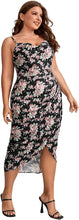 Load image into Gallery viewer, Floral Black Plus Size Satin Spaghetti Strap Cowl Neck Wrap Dress