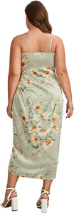 Floral Green Plus Size Satin Spaghetti Strap Cowl Neck Wrap Dress