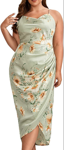 Floral Green Plus Size Satin Spaghetti Strap Cowl Neck Wrap Dress