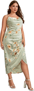 Floral Green Plus Size Satin Spaghetti Strap Cowl Neck Wrap Dress