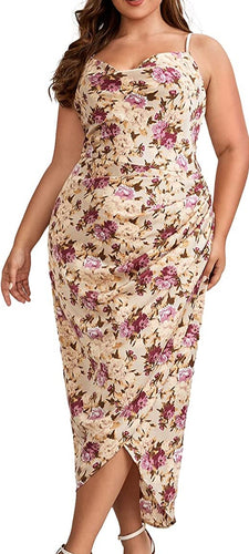 Floral Rose Plus Size Satin Spaghetti Strap Cowl Neck Wrap Dress