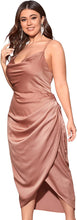 Load image into Gallery viewer, Champagne Pink Plus Size Satin Spaghetti Strap Cowl Neck Wrap Dress