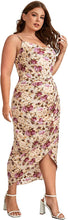 Load image into Gallery viewer, Floral Rose Plus Size Satin Spaghetti Strap Cowl Neck Wrap Dress