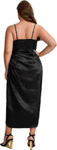 Load image into Gallery viewer, Jacquard Black Plus Size Satin Spaghetti Strap Cowl Neck Wrap Dress