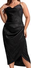 Load image into Gallery viewer, Jacquard Black Plus Size Satin Spaghetti Strap Cowl Neck Wrap Dress