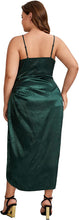 Load image into Gallery viewer, Hunter Green Plus Size Satin Spaghetti Strap Cowl Neck Wrap Dress