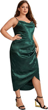 Load image into Gallery viewer, Hunter Green Plus Size Satin Spaghetti Strap Cowl Neck Wrap Dress