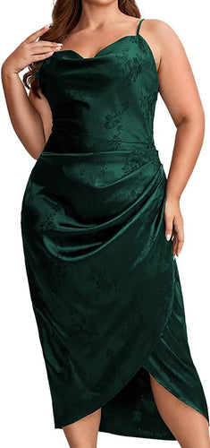 Hunter Green Plus Size Satin Spaghetti Strap Cowl Neck Wrap Dress