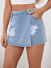 Load image into Gallery viewer, Ripped Light Blue Denim Asymmetrical Hem High Waist Mini Skirt