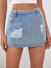 Load image into Gallery viewer, Ripped Light Blue Denim Asymmetrical Hem High Waist Mini Skirt