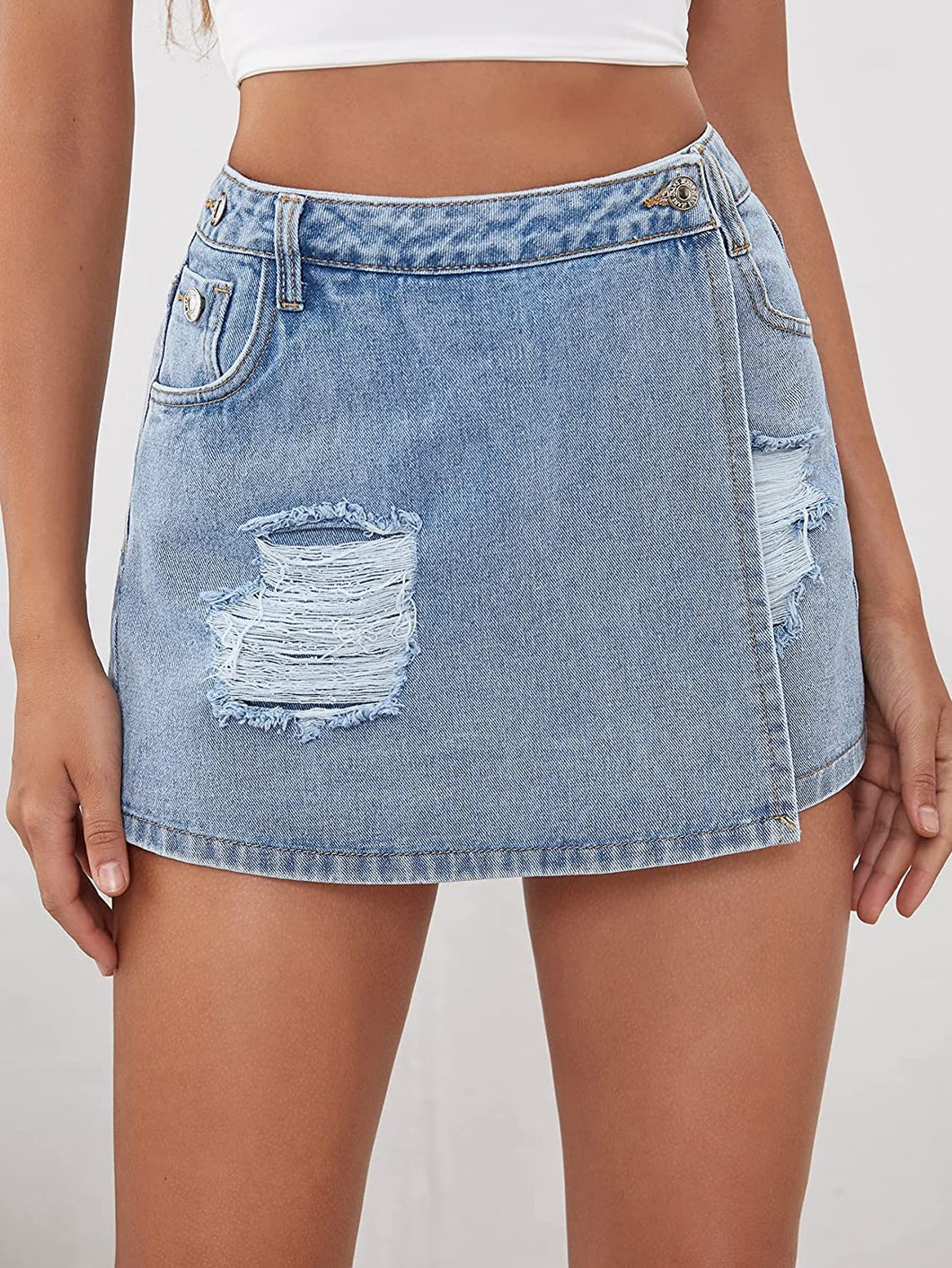 Ripped Light Blue Denim Asymmetrical Hem High Waist Mini Skirt