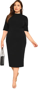 Short Sleeve Pure Black Plus Size Bodycon Mini Pencil Dress
