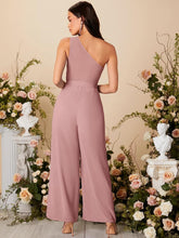 Load image into Gallery viewer, Draped Soft Pink One Shoulder Belted Wide Leg Jumpsuit