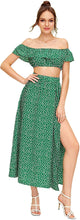 Load image into Gallery viewer, Polka Green Crop Top and Split Long Skirt Set