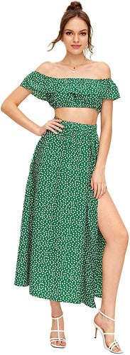 Polka Green Crop Top and Split Long Skirt Set