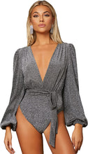Load image into Gallery viewer, Open Back Sparkle Silver Deep V-Neck Long Sleeve Bodysuit