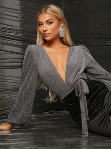 Open Back Sparkle Silver Deep V-Neck Long Sleeve Bodysuit