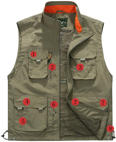 Men's Green Outdoor Sleeveless Vest Jacket Multi Pockets