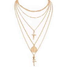 Load image into Gallery viewer, Holy Layered Cross Gold Coin Chain Rose Flower Pendant Necklace