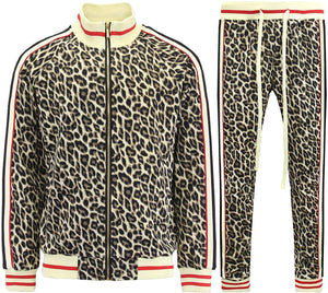 Leopard Brown Men's Side Stripe Zipper Jacket Drawstring Waistband Tracksuit
