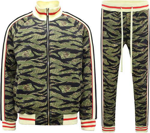 Tiger Camo Men's Side Stripe Zipper Jacket Drawstring Waistband Tracksuit