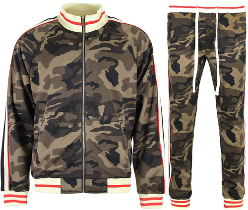 Camo Men's Side Stripe Zipper Jacket Drawstring Waistband Tracksuit