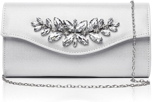 Bling Rhinestone Silver Leather Clutch Evening Cocktail Purse