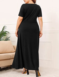 Women's Plus Size Long-Sleeved Deep V-Neck Front Split Black Maxi Dress